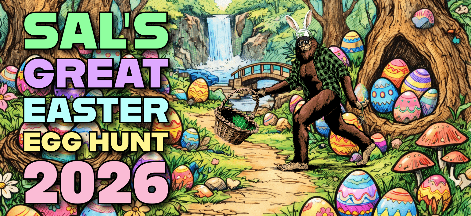 Sal's Great Easter Egg Hunt 2026 — Sal the Sasquatch in a colourful forest filled with Easter eggs